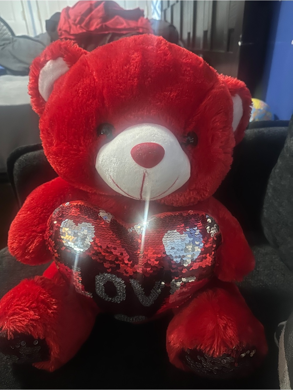 Red Plush Teddy Bear with Sequin Heart